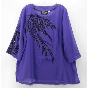 Bob Mackie Top Large Wearable Art Pullover Blouse Beaded Sheer